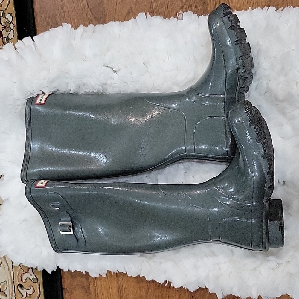 Hunter original gloss green knee high rain boots side buckle Size US 4 M 5 W
